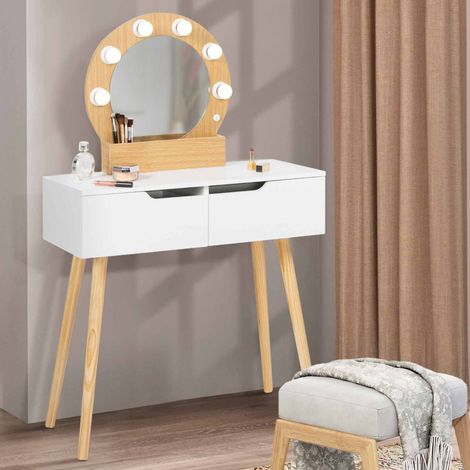 HORIA Tocador escandinavo de 2 cajones en madera y blanco con espejo LED (1/5)