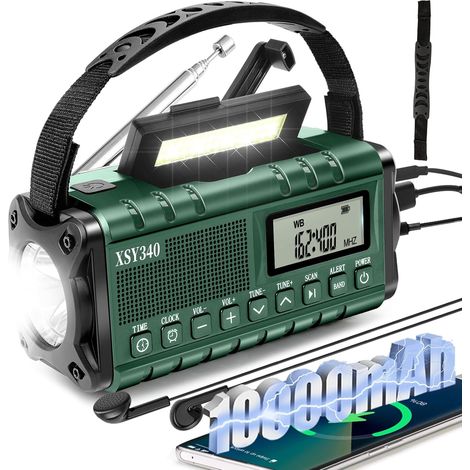 Radio de emergencia con alerta meteorológica portátil, radio digital de supervivencia AM/FM con manivela, despertador, linterna de emergencia SOS, color verde. (1/5)