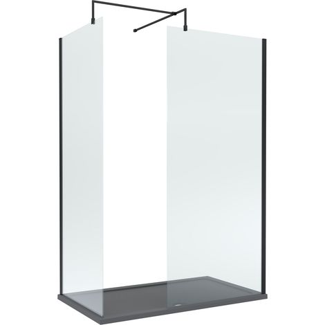 8mm Glass Walk In Wetroom Screens with Matt Black Profile and Slate Grey Shower Tray - 1400 x 800mm