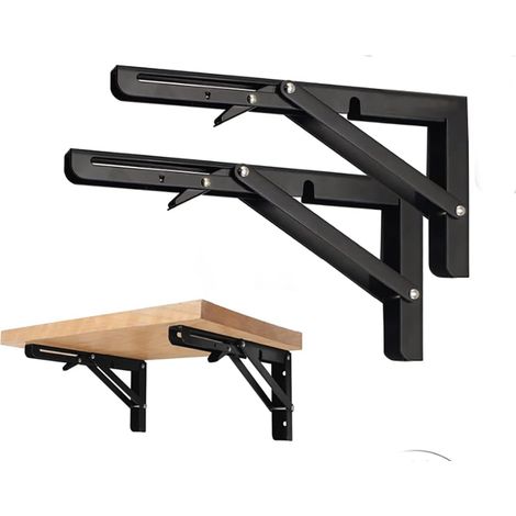 2PCS Support d' Étagères Pliable 400mm Équerre Pliante Étagère Murale Support Pliante Robuste Noir Support Console Pliable Murale 80KG Porteur