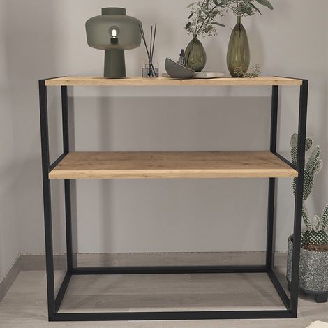 Console d'entrée avec étagères couleur Chêne et structure en acier noir - Longueur 90 x Hauteur 90 x Profondeur 34 cm (1/3)