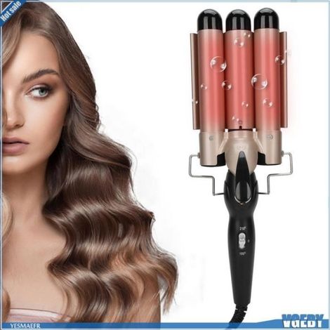 Ashata Baguette de fer à friser 3 barils 3 barils fer à friser baguette réglable bigoudi Waver beaute peigne Prise UE Dorée 28mm (1/5)