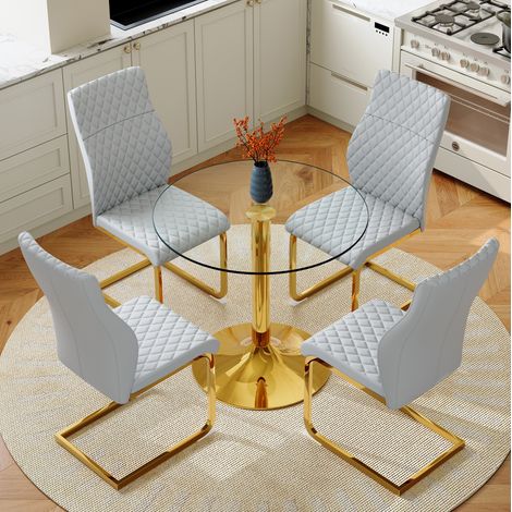 Tisch mit 4 Stühlen 85x85x76 cm, gehärtetes Glas, goldfarben – MEUBLIV (1/5)