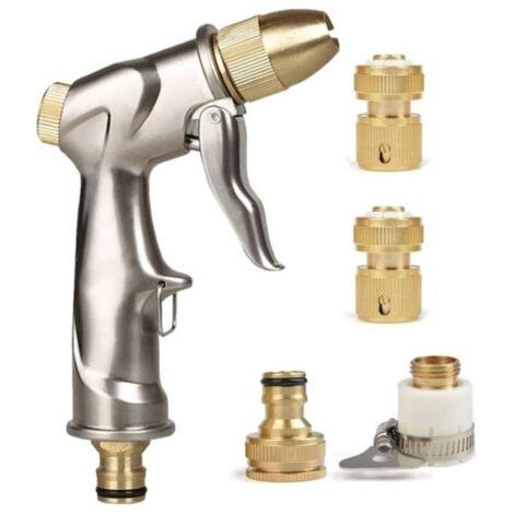Pistolet pulvérisateur pour tuyau d'arrosage avec buse en laiton, pulvérisateur d'arrosage manuel en métal en alliage de zinc haute pression pour lavage de voiture/arrosage de pelouse (avec 4 connecte (1/5)