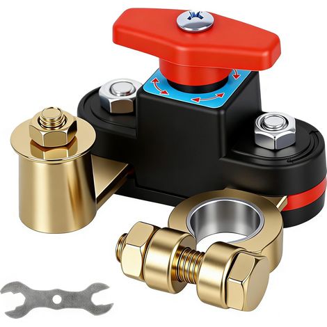 Coupe-circuit de batterie pour véhicule 12V/24V, interrupteur déconnecteur en cuivre pur, rotation réglable 180°, adapté à voiture, moto, camion, camping-car, bateau et tracteur (1/5)