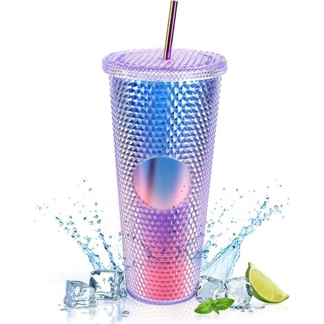 Gobelet Plastique Réutilisable avec Paille et Couvercle, 710ml Mug de Voyage Tasse en plastique à double paroi tasse à eau en paille réutilisable pour le café glacé ou l'eau à emporter (1/5)