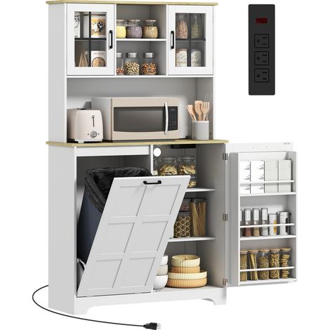 HOMCOM 175cm Tall Kitchen Cabinet with Rubbish Bin, White (1/5)