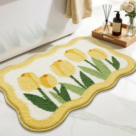 Tapis de salle de bain, doux, antidérapant, absorbant, lavable en machine, pour douche, cuisine, WC, 50 x 80 cm, motif tulipes jaunes (1/5)