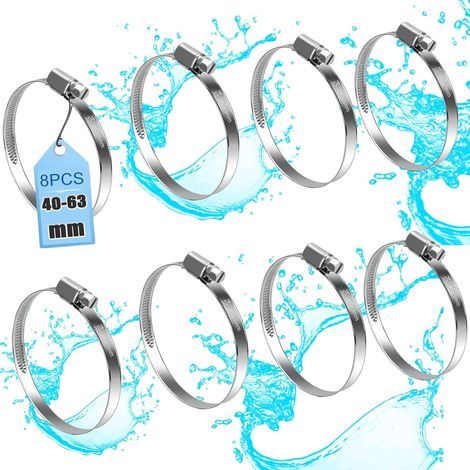 Lot de 8 Collier de serrage, Acier inoxydable 304, Réglable 40-63 mm, Tuyau, Jardin, Piscine, Automobile (1/5)