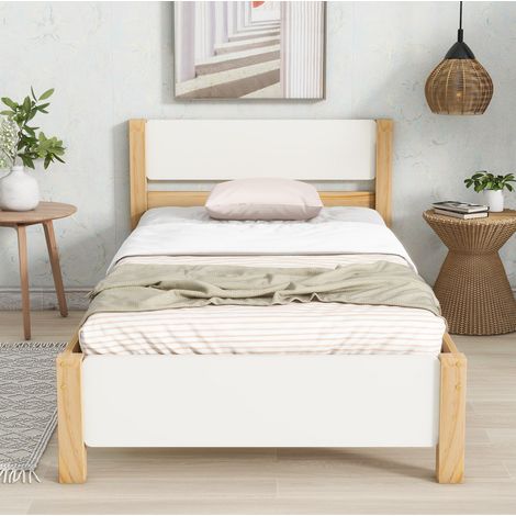 MEUBLIV Bett 90x200 cm weiß und naturfarben – mit Kopf- und Fußteil, ohne Matratze (1/5)