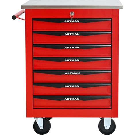 Werkzeugwagen mit 7 Schubladen, multifunktional, rollbar, Metall-Werkstattwagen mit Edelstahlarbeitsplatte für Garage und Werkstatt, Rot & Schwarz