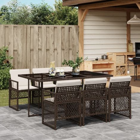 Set comedor de jardín 7 pzas con cojines ratán sintético marrón vidaXL