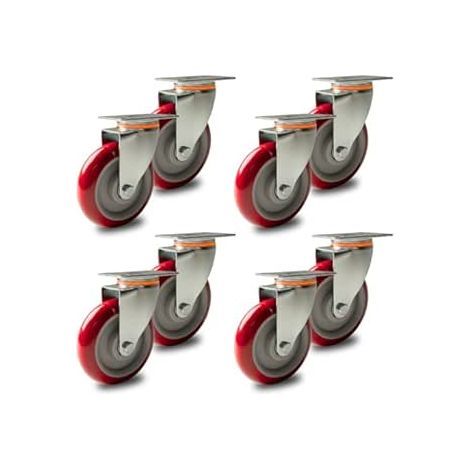 Set 8 Rotelle – Ruote Girevoli 125mm silenziose in Poliuretano Antitraccia, Alta Portata, Anti-Corrosione, Rotazione 360°, Ideali per Carrelli, Scaffali, Banchi da lavoro,Attrezzature