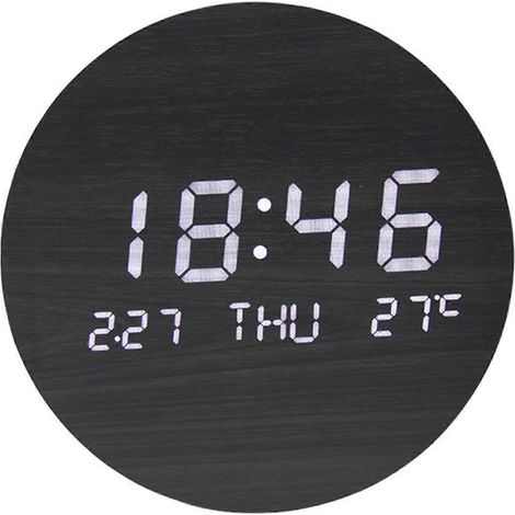 Horloge murale électronique en bois avec affichage numérique LED de l'heure, de la date et de la température, idéale pour la décoration de la chambre et du salon, noire. (1/5)