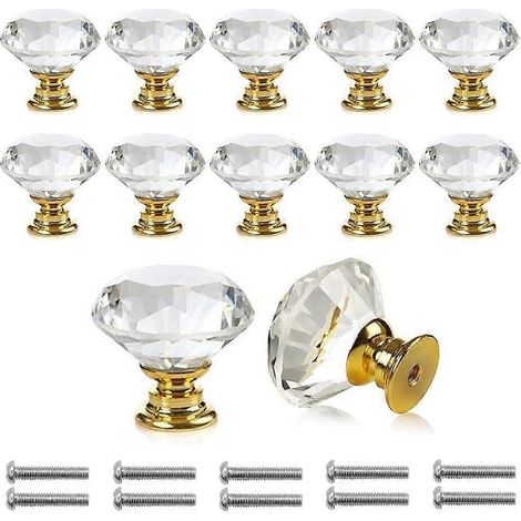Lot de 12 poignées de porte en verre cristal transparent effet diamant pour portes, placards, tiroirs et armoires, avec vis, 30 mm (12 pièces, doré) (1/5)