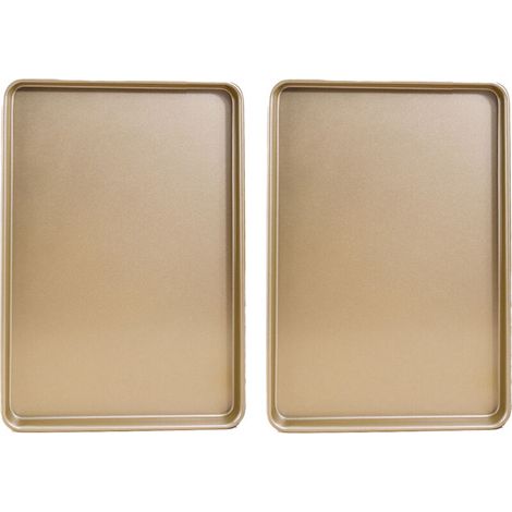 Lot de 2 plaques de cuisson professionnelles en acier au carbone antiadhésives, format demi-plaque (44 x 30 x 2,5 cm), robustes et faciles à nettoyer. (1/5)