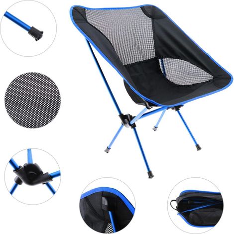 Chaise pliante d'extérieur portable bleue avec sac de rangement, pique-nique ultra-léger, randonnée, sac à dos, plage, taille dépliée : 595264CM-1pc (1/4)