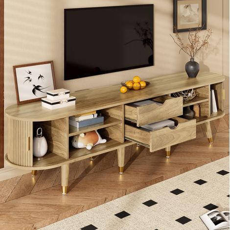 REDOM - Meuble TV 175x38x45cm Avec Portes Coulissantes MDF Poignées Dorées Chêne (1/5)