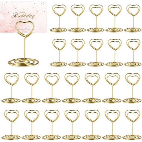 Lot de 25 porte-cartes de table en métal doré en forme de cœur avec base spirale – Pince photo pour numéros de table, menus, notes – Mariage, fête, bureau – Or (1/5)
