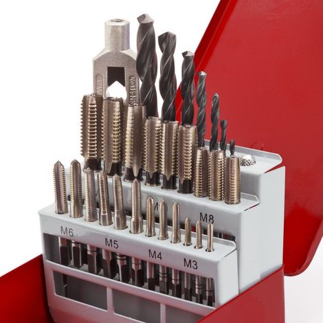 Dema – Coffret 29 pièces tarauds HSS – 21 tarauds M3 à M12 + 7 forets hélicoïdaux 2,5 à 10,2 mm – Coffret métallique 19x11x5,5 cm
