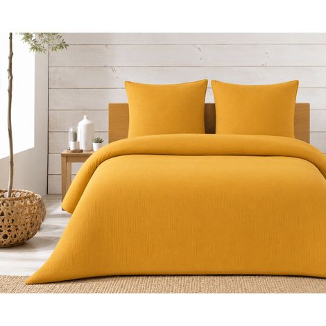 Parure de lit complète 240 x 220 cm gaze de coton – 2 taies 63x63 cm + drap housse 140x190 cm Jaune