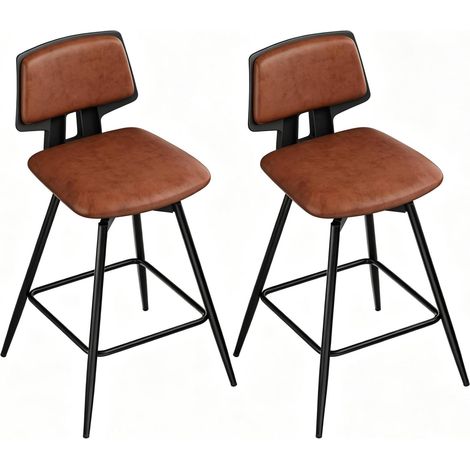 Lot de 2 tabourets de bar pivotants avec dossier ergonomique, assise en cuir régénéré brun, structure métal et repose-pieds, style industriel, CHICFURN (1/5)