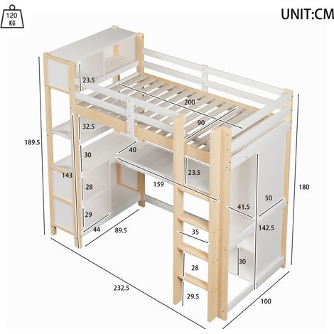 Lit mezzanine 90x200 cm avec étagères, rangements multiples, bureau intégré et penderie, sans matelas, bois naturel. (1/5)