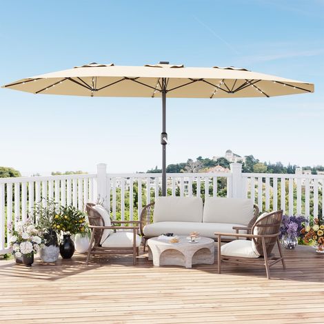Parapluie de Terrasse Rectangulaire 15FT, Luminaires Solaires, Base Incluse,Parapluie à Manivelle, 48 LED, Protection UV, Beige Kaki (1/5)