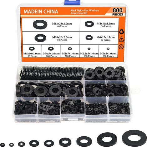 Lot de 800 rondelles plates en plastique noir et nylon, assortiment de 9 tailles. (1/5)