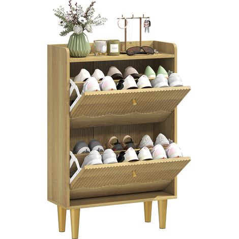 Schuhschrank für 12 Paar Schuhe, schmaler Schuhschrank, 2 Klappschubladen, verstellbare Einlegeböden, 60 x 24 x 92 cm, Eiche