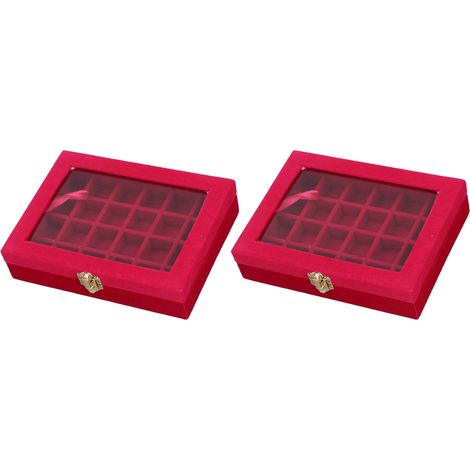 Lot de 2 boîtes de rangement à bijoux en velours, 24 compartiments, avec couvercle transparent, pour boucles d'oreilles, bagues, bracelets et broches. (1/5)