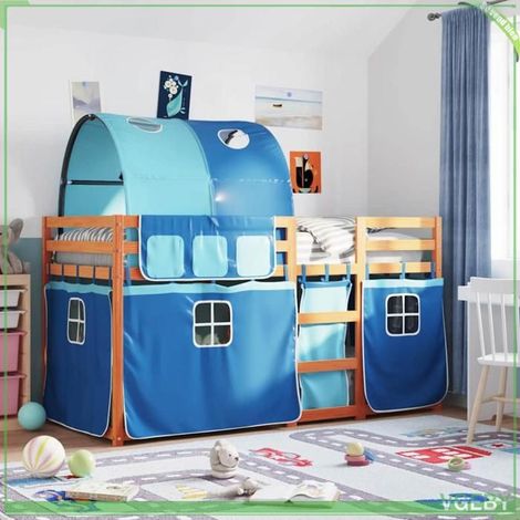 Lit superposé - 3284013 - Bois de pin massif - Couchage 80x200 cm - Rideaux bleu inclus (1/5)