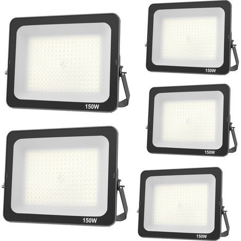 5pcs Projecteur LED 150W, Superlumineux spot extérieur Blanc Froid 6500K, IP66 Eclairage de Sécurité Floodlight lumiere pour Jardin Stade Garage entrepôt Magasin Atelier Dépôt