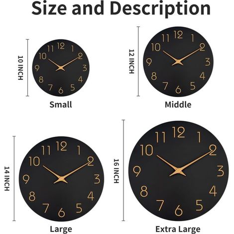 Horloge murale noire de 35,6 cm, silencieuse, sans tic-tac, silencieuse, avec chiffres en or rose, décoration minimaliste pour chambre à coucher, salon, cuisine (noir) (1/4)