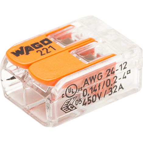 Wago – Borne de connexion automatique S221 2 entrées 32A – CAGE CLAMP® pour fils 0.14 à 4 mm² – Boîtier transparent pour contrôle visuel – 405V