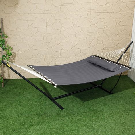 Hamaca independiente con soporte de acero, almohada y barras separadoras, 368 x 140 x 110 cm, gris oscuro.
