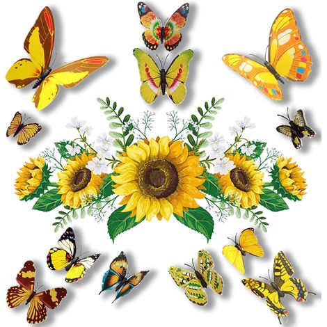 Sticker Murale Tournesol - 13 Pièces avec Papillon Métallique 3D - Décor Réutilisable pour Chambre Bébé Salle de Bain Cuisine Salon (1/5)