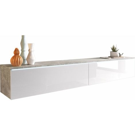 Mueble TV Scientia I, Hormigón + Blanco brillante, Número de puertas: 2, Número de cajones: 0, 180x30x33cm