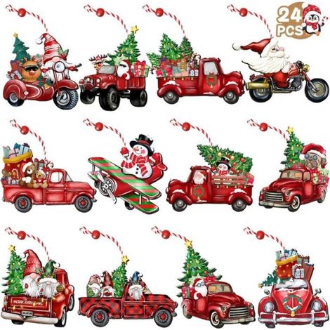 Décorations de Noël en bois en forme de camion – Décoration à suspendre de ferme rouge, 24 pièces (1/5)