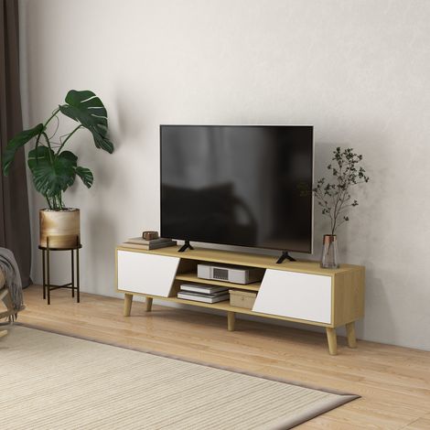 Mobile porta TV per televisori fino a 65 pollici, design scandinavo, 2 ante, 2 ripiani con sistema di gestione cavi, 150 x 30 x 42 cm