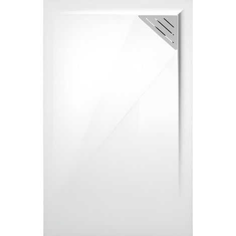 Mineralguss-Duschwanne extra flach TRINITY in WEIß 70x140 cm Ablaufschutz in Chrom Ablauf rechtsbündig