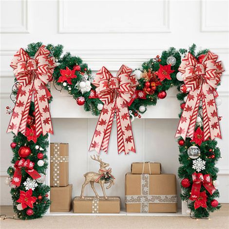 Weihnachtsschleife aus doppellagigem Leinen, Ahornblatt-, gestreift, Schneeflockenmuster, Khaki-Schleife für Weihnachtsbaumschmuck (1/4)