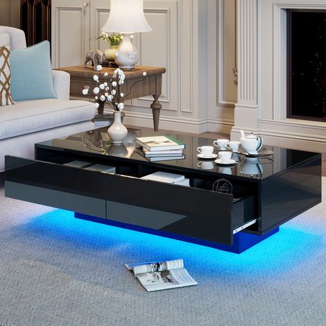 Table basse moderne 115 x 55 x 34 cm haute brillance avec 2 tiroirs et éclairage LED – table salon élégante, table d'appoint, capacité 30 kg (1/5)