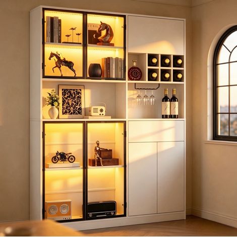 Vitrina LED 140 x 30 x 200 cm, 7 puertas, cristal de seguridad, botellero, blanca (1/5)