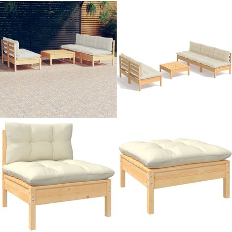 Salon de jardin 6 pcs avec coussins crème bois de pin - Salon De Jardin - Mobilier De Jardin - Ensemble De Salon - Meubles De Terrasse - Chaise Longue - Home & Living (1/5)
