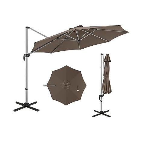 COSTWAY Parasol Déporté Φ339CM, Parasol de Jardin Rond avec Base en Croix, Parasol Inclinable avec 5 Angles et Hauteurs Réglables, Parasol Excentré Rotatif à 360° avec Manivelle et Double Toit (Brun) (1/5)