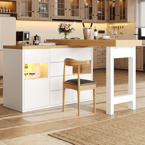 Îlot central de cuisine pivotant 360° 120-197 cm avec LED RGB via application, 4 tiroirs, portes vitrées, étagères réglables, blanc (1/5)