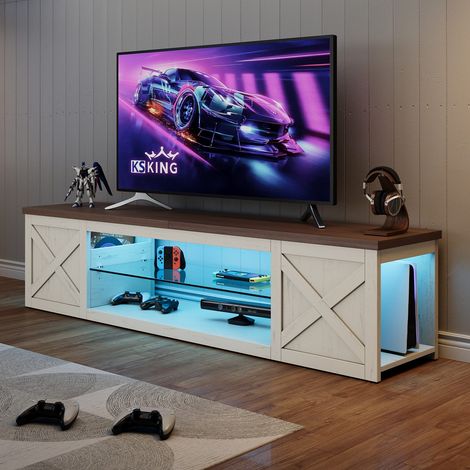 Meuble TV LED 148 cm PATBRELA - RGB APP, Style Industriel, Étagère Réglable, Rangement, TV jusqu'à 80 Pouces - Coloris Bois Brûlé