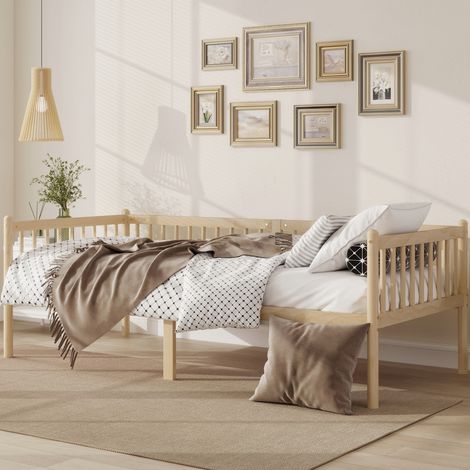 Lit 90 x 200 cm en pin avec barrière de sécurité 3 côtés, naturel OKMYHOME (1/5)