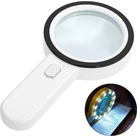 Lupa con 12 luces LED, lupa de mano iluminada para lectura, joyería, personas mayores, personas con discapacidad visual, observaciones y manualidades, color blanco (1/5)